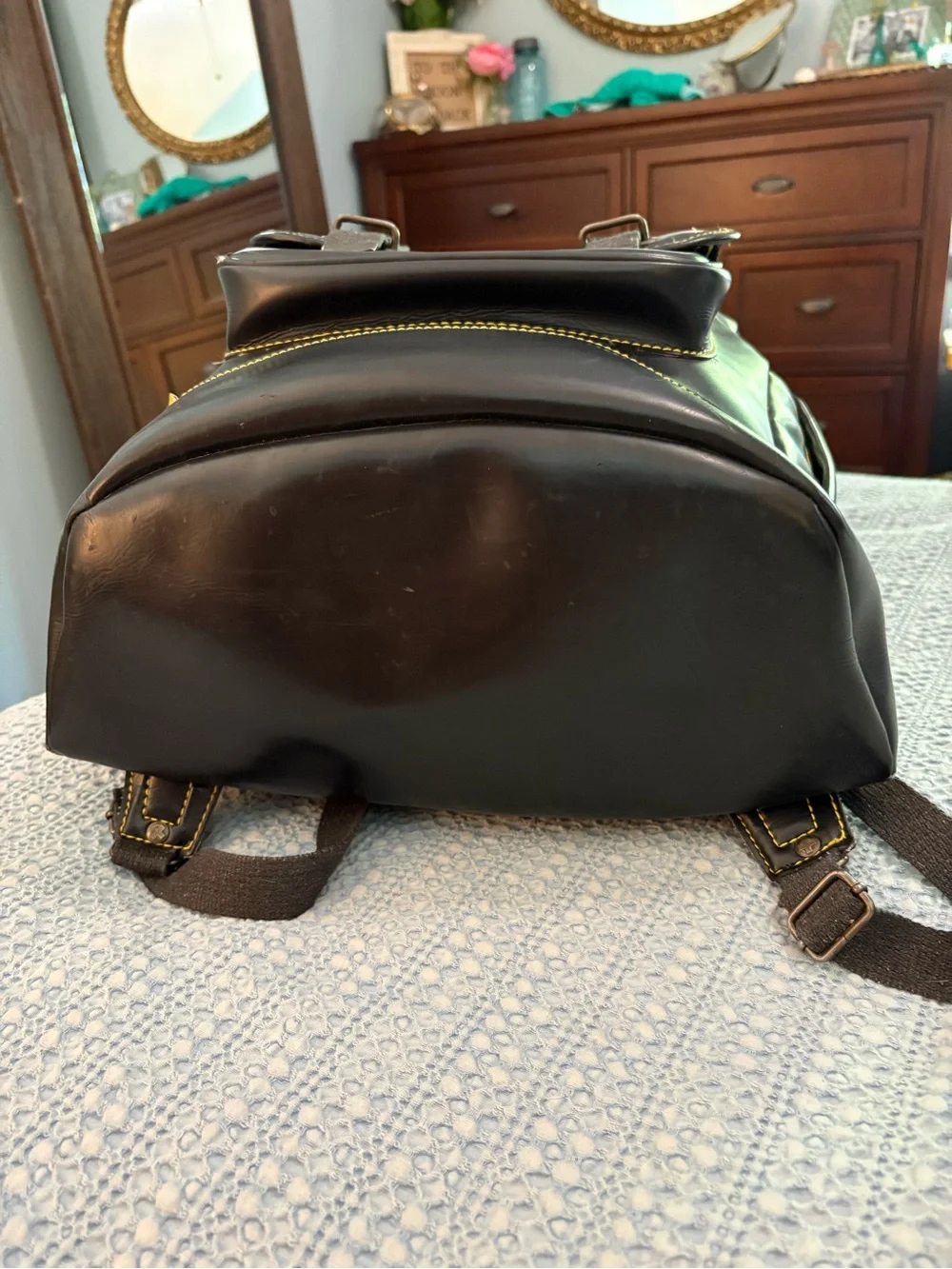 Rare Vintage Dr. Martens Black PVC Box Backpack Yellow Stitch Sole-Print Zipper